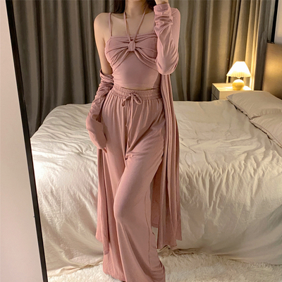 睡衣女莫代尔带胸垫性感春三件套