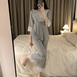 2023新款 带胸垫睡衣女春季 莫代尔蕾丝花边性感纯棉网红风居家服套