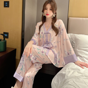 2023新款冰丝睡衣女春秋冬季中国风高级感真丝长袖古风家居服套装