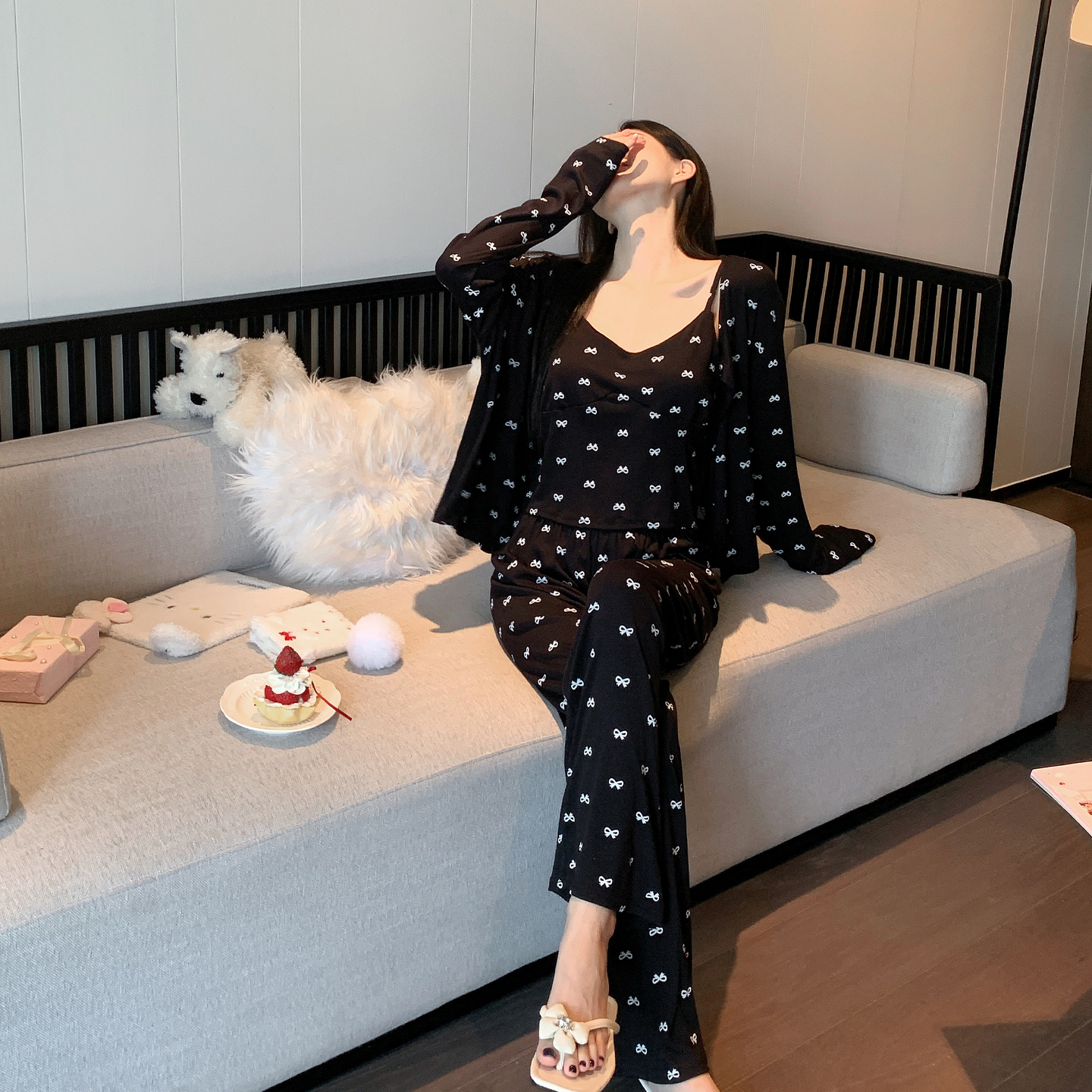 莫代尔睡衣女带胸垫春秋夏季