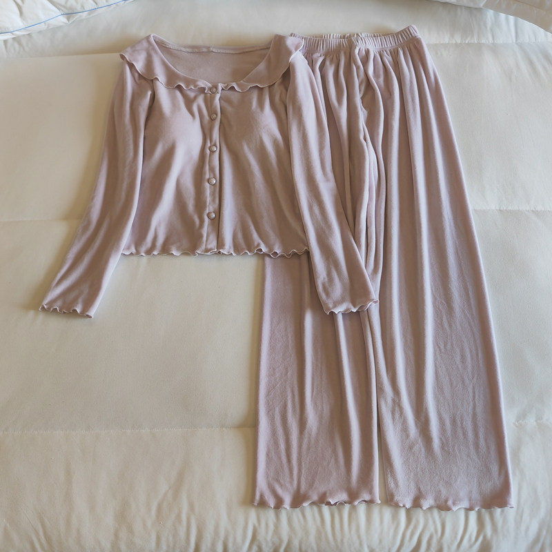 带胸垫睡衣女春秋冬季海岛绒纯欲风性感毛巾棉纯色家居服两件套装