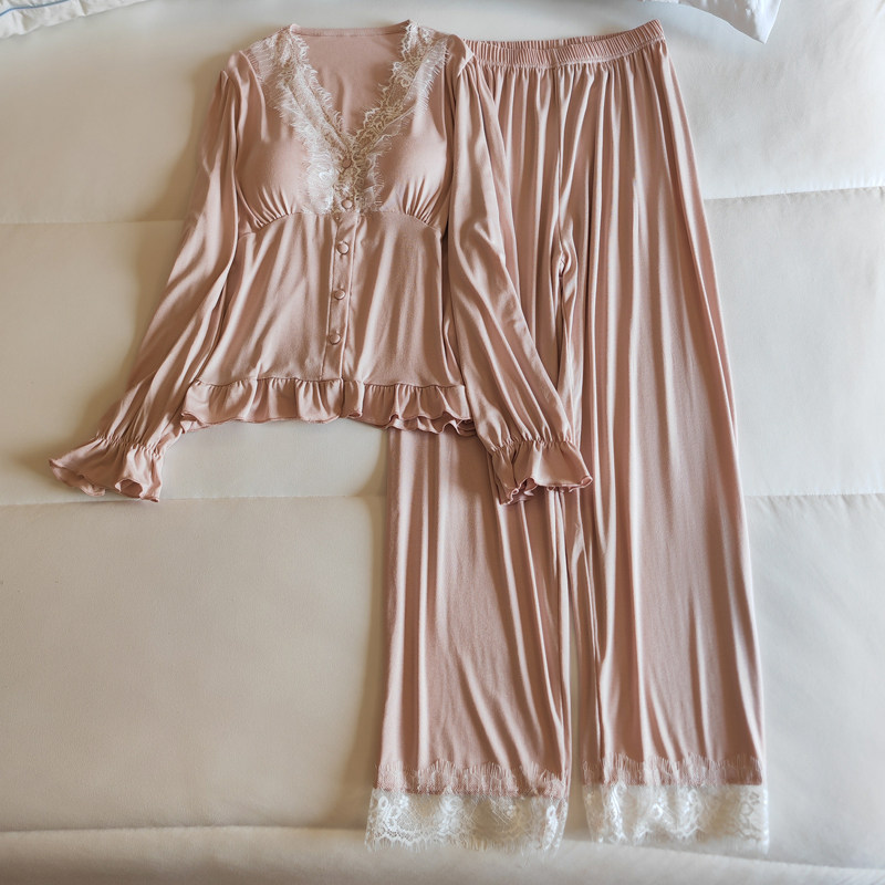 春夏季莫代尔睡衣女2024年新款带胸垫性感蕾丝花边纯棉家居服套装