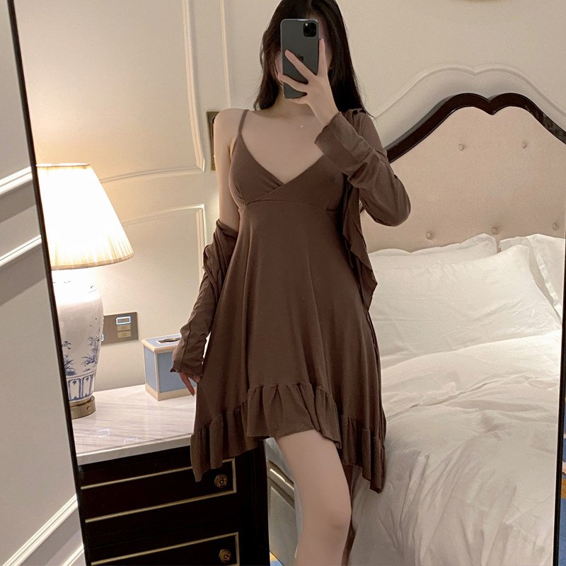 莫代尔吊带睡衣女秋冬季性感带胸垫睡裙开衫两件套可外穿家居服夏,女士内衣/男士内衣/家居服,睡裙,淘宝优惠券,粉丝福利购,淘宝优惠卷