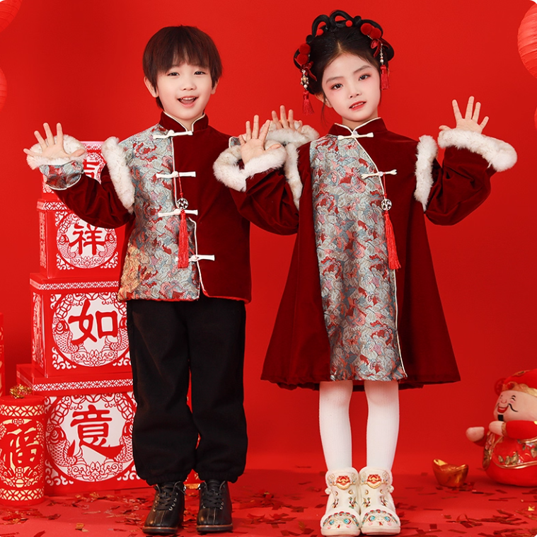 元旦儿童喜庆演出服拜年服女童加厚新年年服男童幼儿园舞蹈表演服