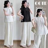 新款 2025法式 韩版 孕妇装 阔腿裤 夏季 气质中国风上衣 两件套女 套装