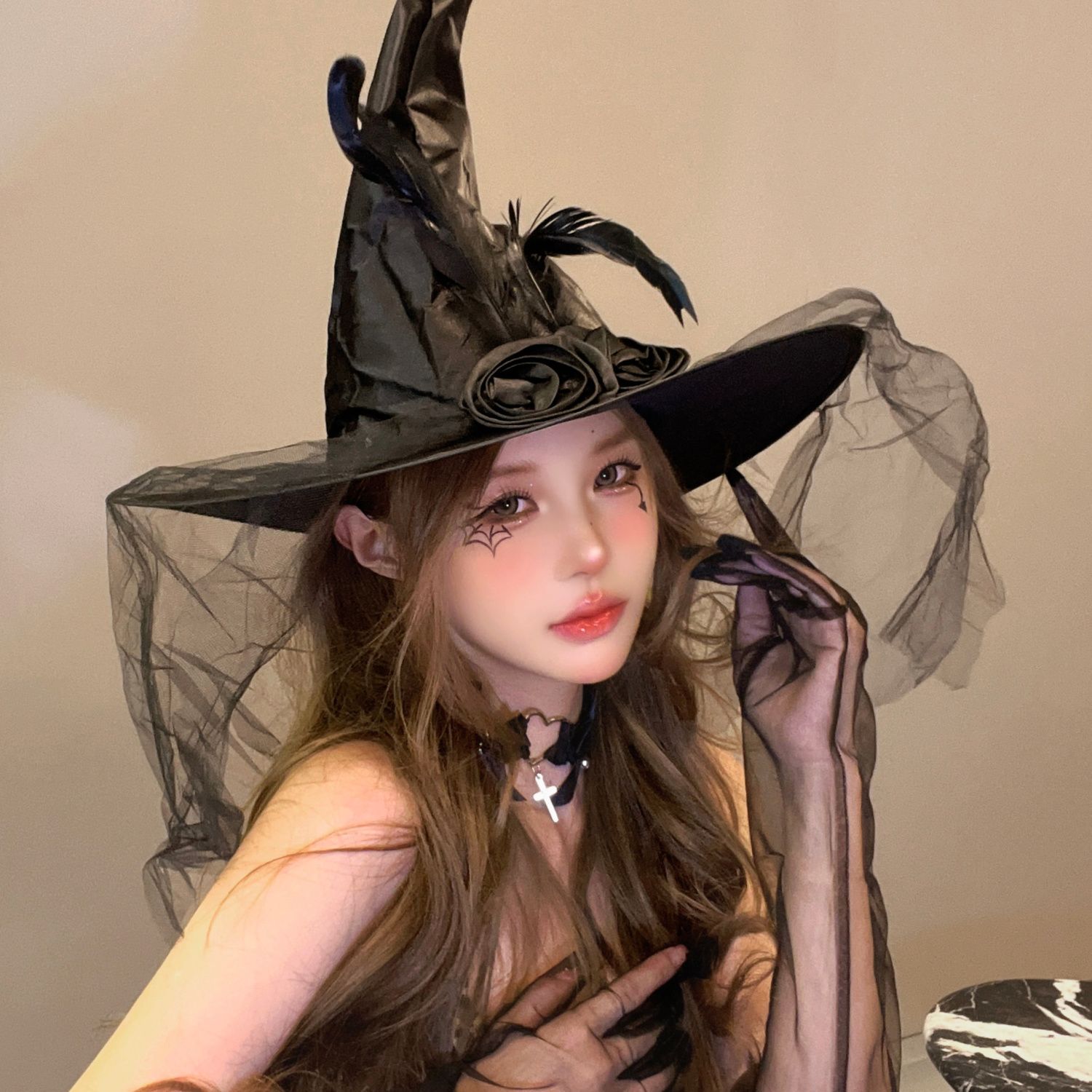 万圣节cos服装巫师帽装扮女巫坡帽子魔女道具洛丽塔黑色头纱头饰