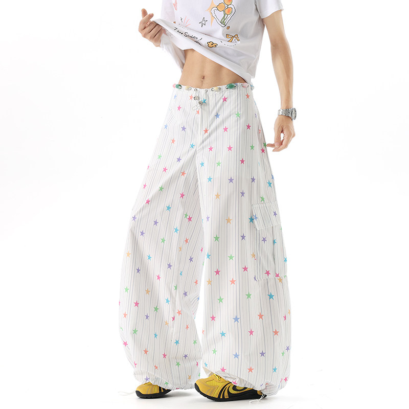 彩点星星条纹印花休闲裤男女夏薄款2026新款宽松百搭直筒阔腿长裤