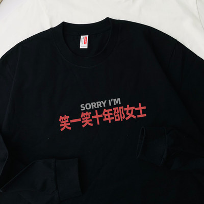 sorry笑一笑十年邵女士纯棉长袖T恤姓氏谐音梗文字男女款打底上衣