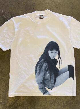 24ss春夏“栗山千明”photo人像复古印花宽松短袖T恤潮