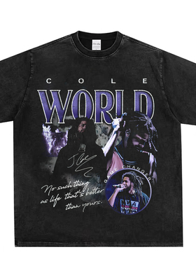 JCole vintage美式复古嘻哈说唱科尔重磅小领口纯棉潮流短袖t恤男