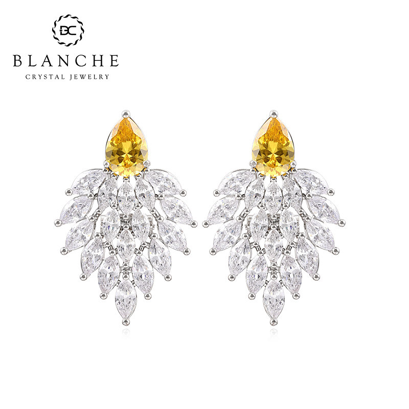 BLANCHE/布兰琪凤羽雀尾超闪高级感耳环满镶宝石耳坠商务OL耳饰女