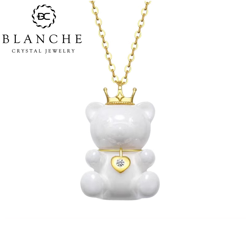 陶瓷可爱小熊18K金钻石彩金项链轻奢黄金锁骨爱心吊坠520送女朋友