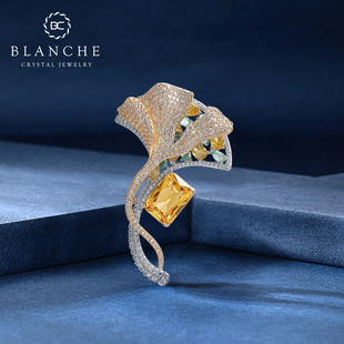 BLANCHE/布兰琪双层金色银杏黄钻胸针男士轻奢胸针西装大衣别针女