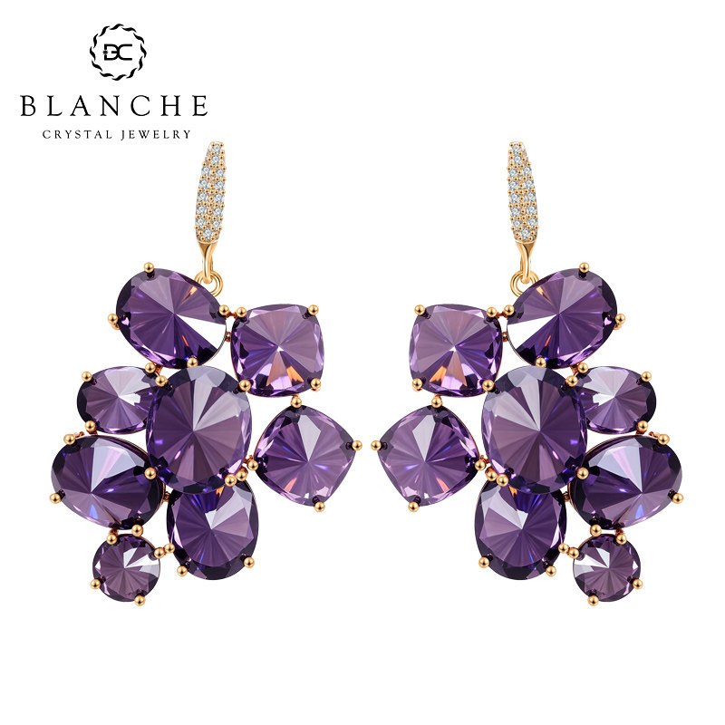 紫色葡萄施家水晶反镶挂串耳环女