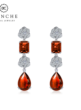 Blanche山茶花水晶耳环鸽血红流苏耳坠 无耳洞耳夹宝石秋冬耳饰女