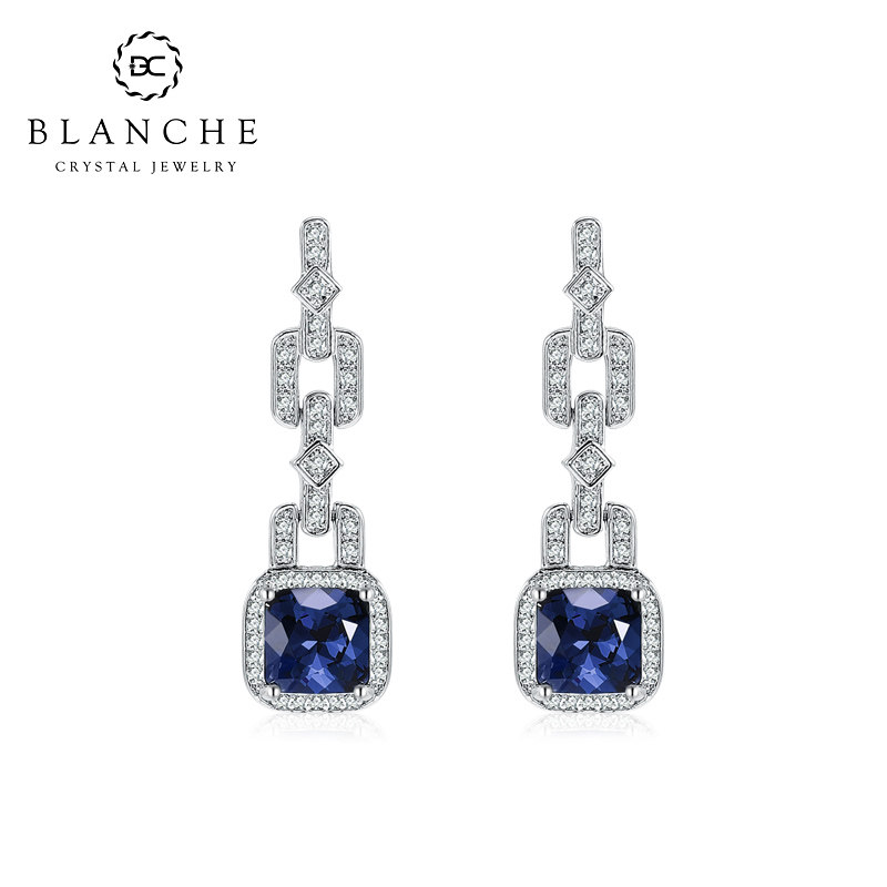 Blanch欧美蓝色水晶高级感耳环方形宝石耳坠无耳洞耳夹耳饰女耳钉