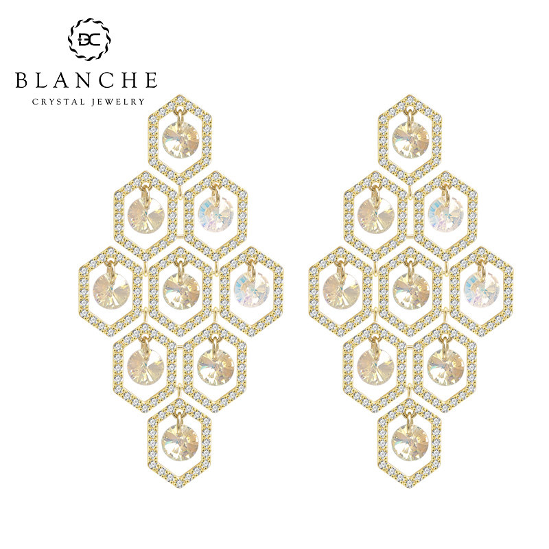 蜂巢格子施家水晶夸张耳环大气女