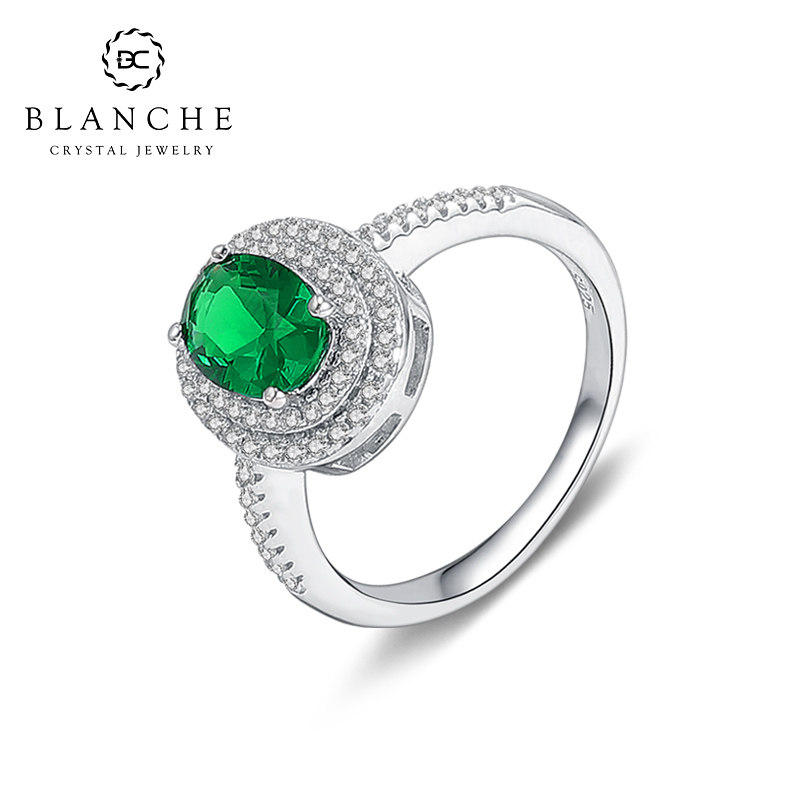 Blanch欧美微镶椭圆祖母绿高碳钻戒指纯银宝石结婚仿真食指精致女