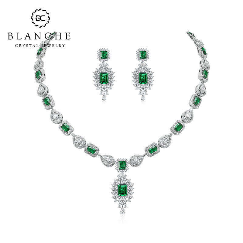 Blanche欧美奢华皇室祖母绿水晶耳环项链套装 新娘宴会晚礼服配饰