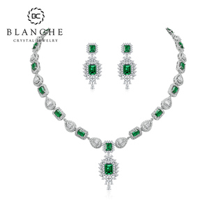 Blanche欧美奢华皇室祖母绿水晶耳环项链套装 新娘宴会晚礼服配饰