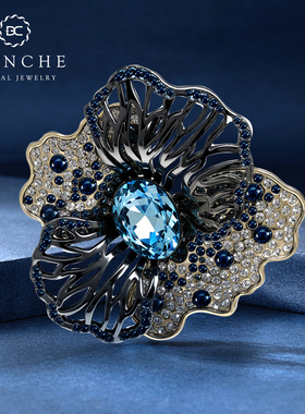 BLANCHE/布兰琪黑色海棠花水晶高档胸针女奢华气质胸花夸张大别针