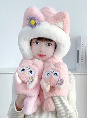 英国Next chek 儿童帽子围巾手套三件套秋冬季卡通防风毛绒护耳帽