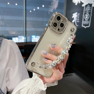 高级闪钻手链适用苹果16Promax手机壳7自带镜头膜手提iPhone15pro全包摄像头x防摔13透明8p电镀12奢华带钻14