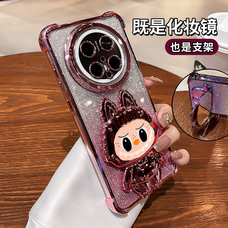 闪粉镜子带支架适用华为mate60pro手机新款壳mate70镜头全包mate40气囊防摔pro+高级可爱女mt30外壳m50e软套
