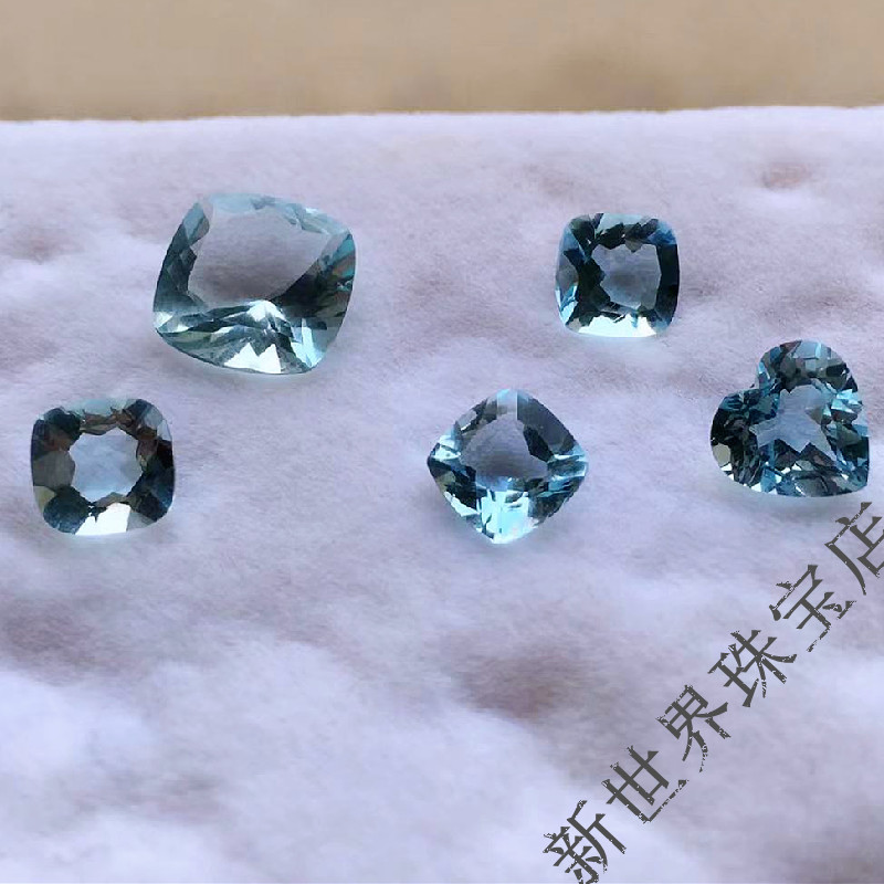 天然海蓝宝裸石戒面彩色宝石方形心形支持私人订制戒指耳钉吊坠