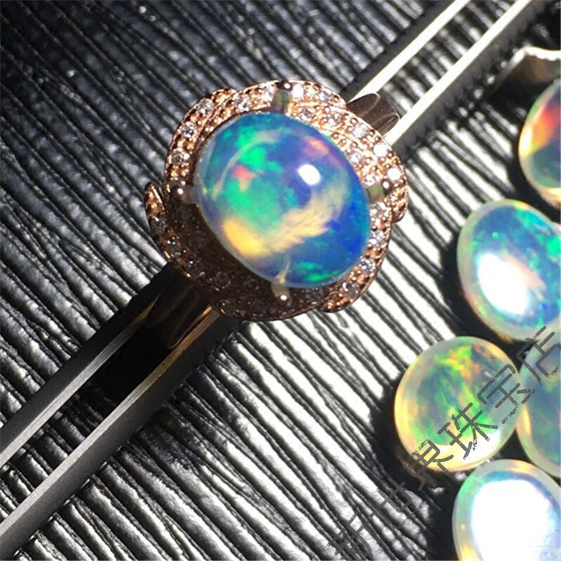 天然 星空 欧泊 戒指日韩简约指环925纯银镀18K白金玫瑰金尾戒 女