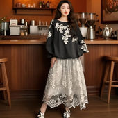 三吉同款 手工贴花金银丝珠绣连衣裙 簪上雪