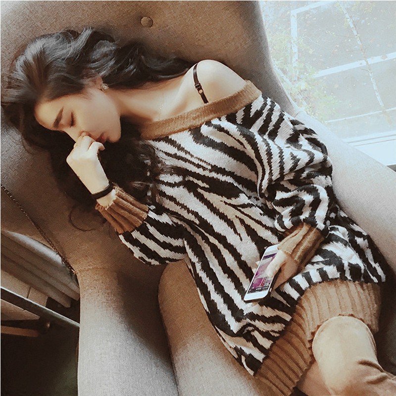 斑马纹宽松针织开衫女复古休闲
