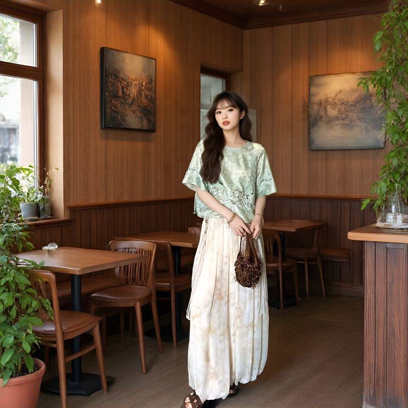 三吉同款「4/23日20」【芳草歇】手工腰带晕染印花雪纺垂垂灯笼裤