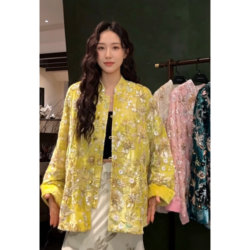 三吉同款【惊鹊】新中式人丝绒烧花珠绣早春季外套绝美巨好看流行