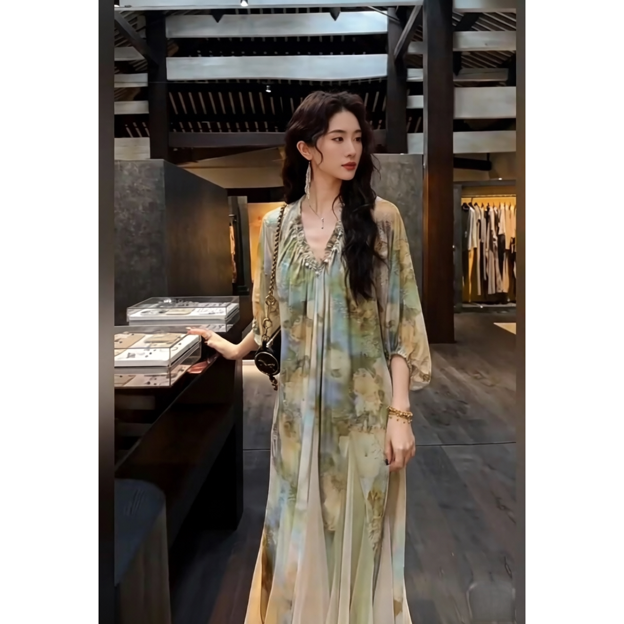 三吉同款「9折！2/24日」【阑珊】烫金烧花冰花绒拼水墨纱裙组合