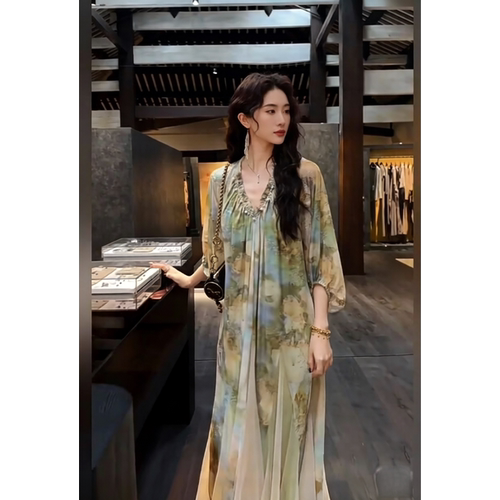 三吉同款「9折！2/24日」【阑珊】烫金烧花冰花绒拼水墨纱裙组合