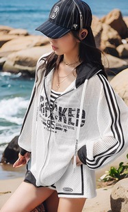 地球店轻薄防晒夏季休闲套装女透气镂空连帽外套空调衫短裤两件套