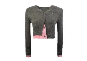 地球店粉灰撞色假两件v领针织衫女秋冬新款短款修身长袖开衫上衣