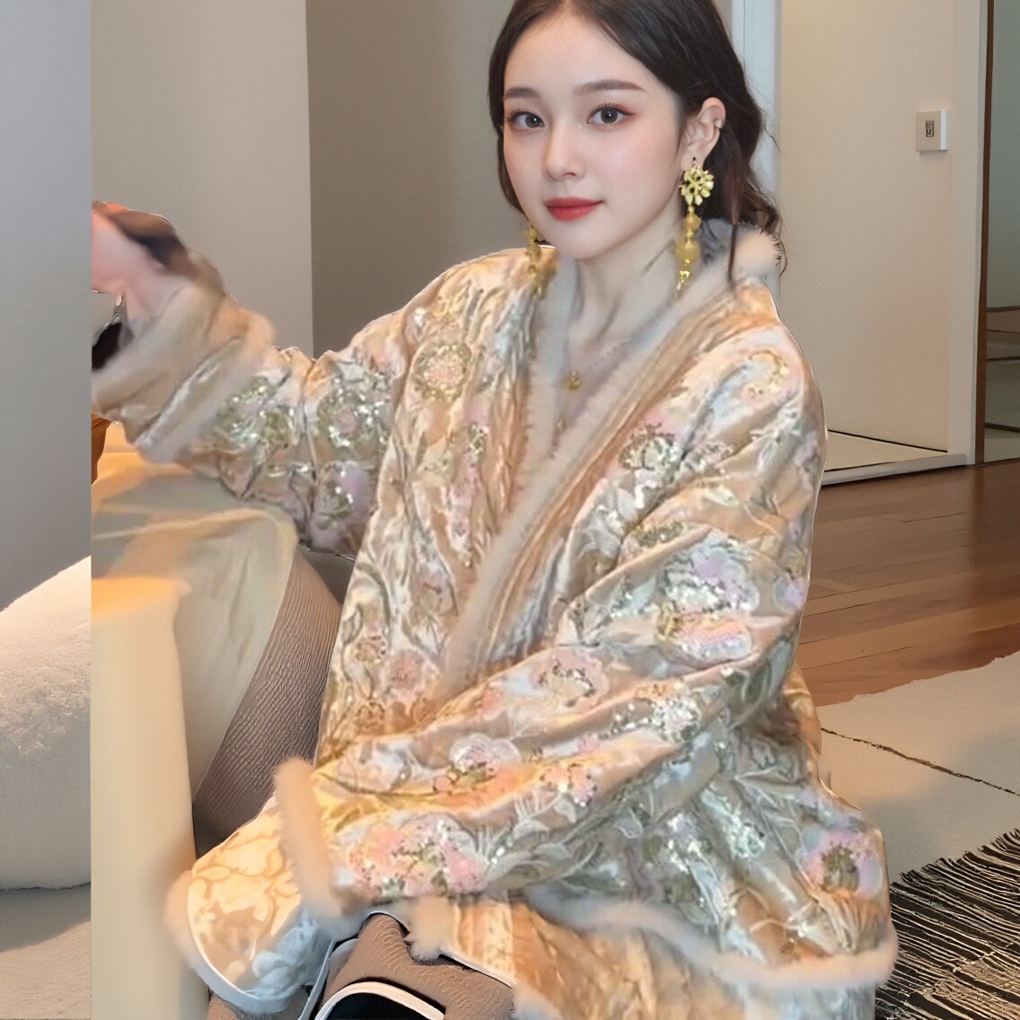 moss 【粉金绮梦】90白鸭绒珠片刺绣丝绒真水貂毛条羽绒服
