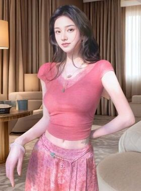 MOSS【空谷幽兰】夏季国风新中式蕾丝拼接针织短袖上衣女