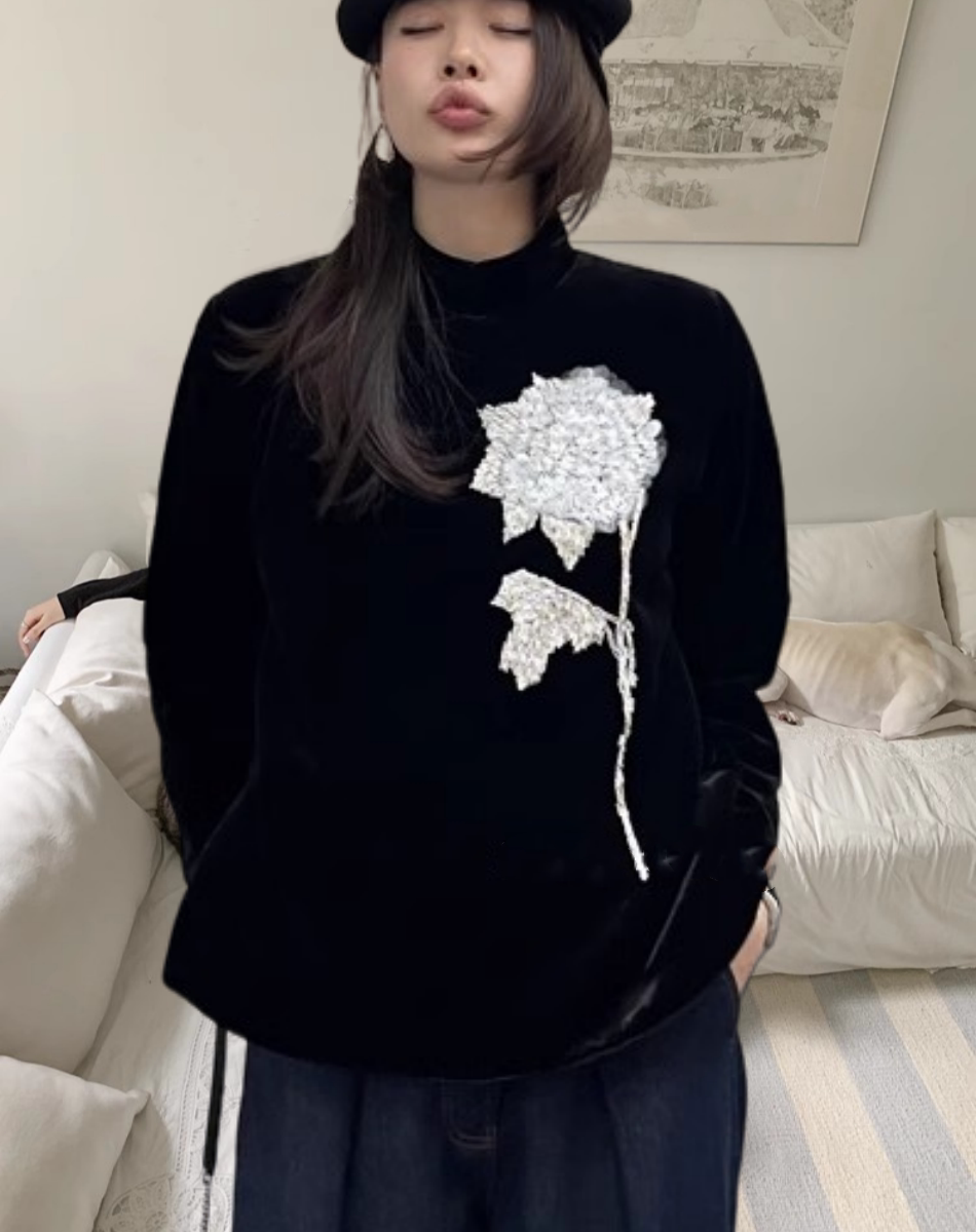 蚕丝绒棉服洋装手工钉珠装