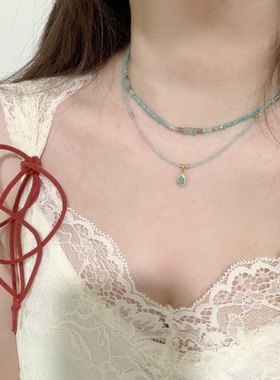 蓝色孔雀石项链2024新款爆款法式