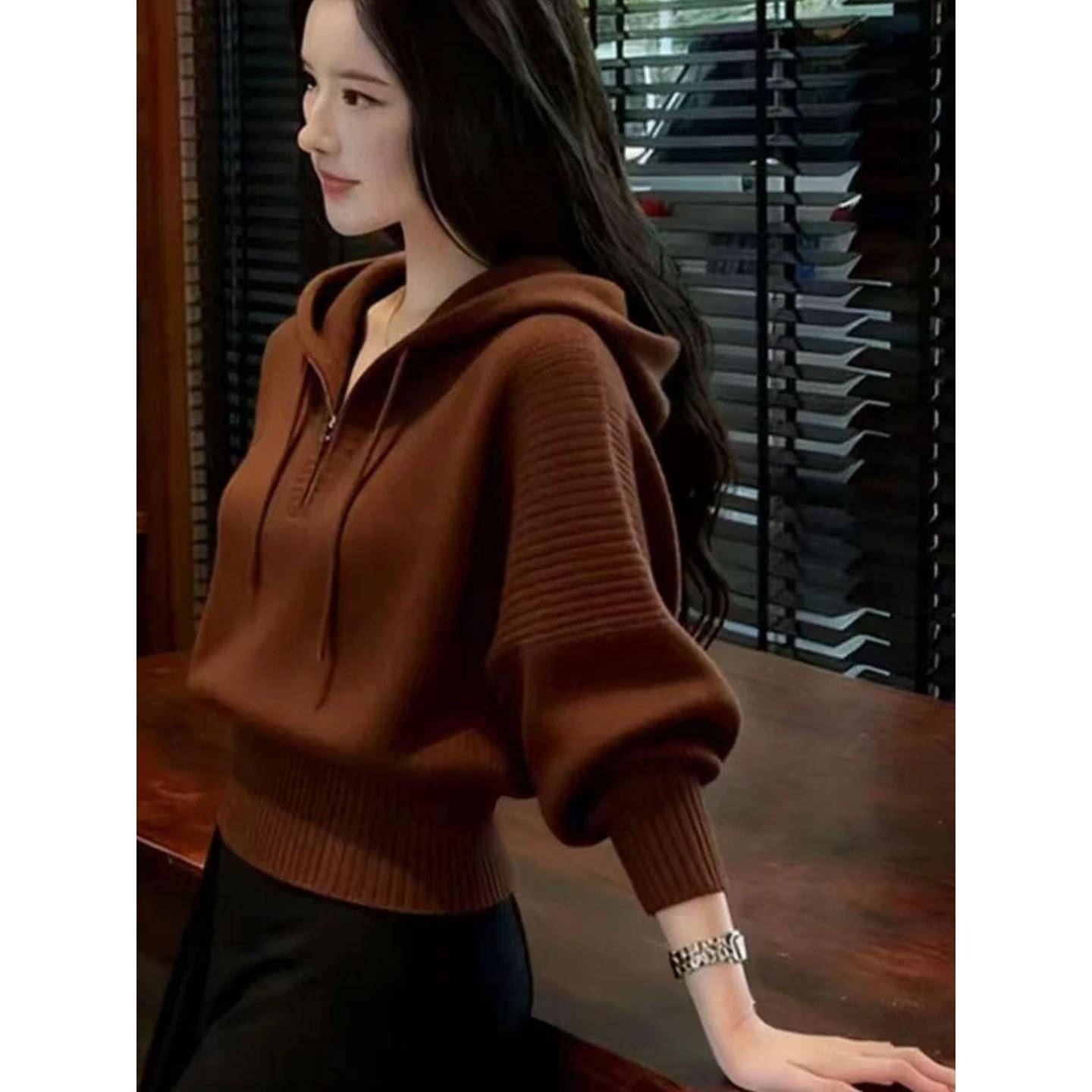 韩系慵懒松弛感毛线连帽毛衣女