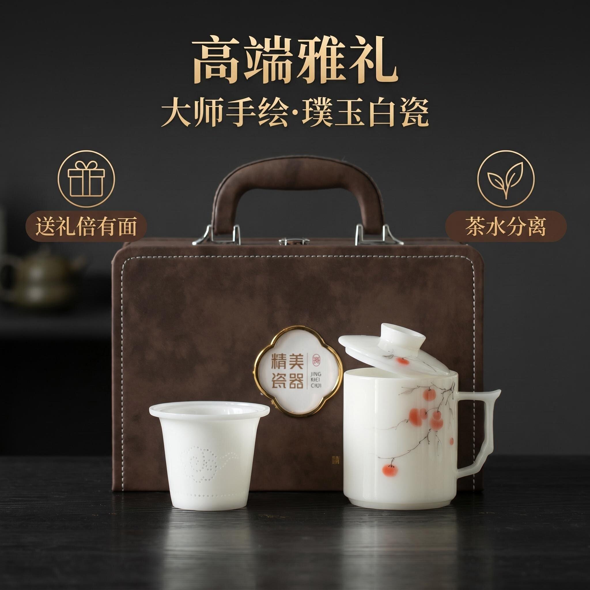 2026手绘冰种璞玉瓷办公杯茶水分离带盖过滤茶杯礼盒装商务伴手礼
