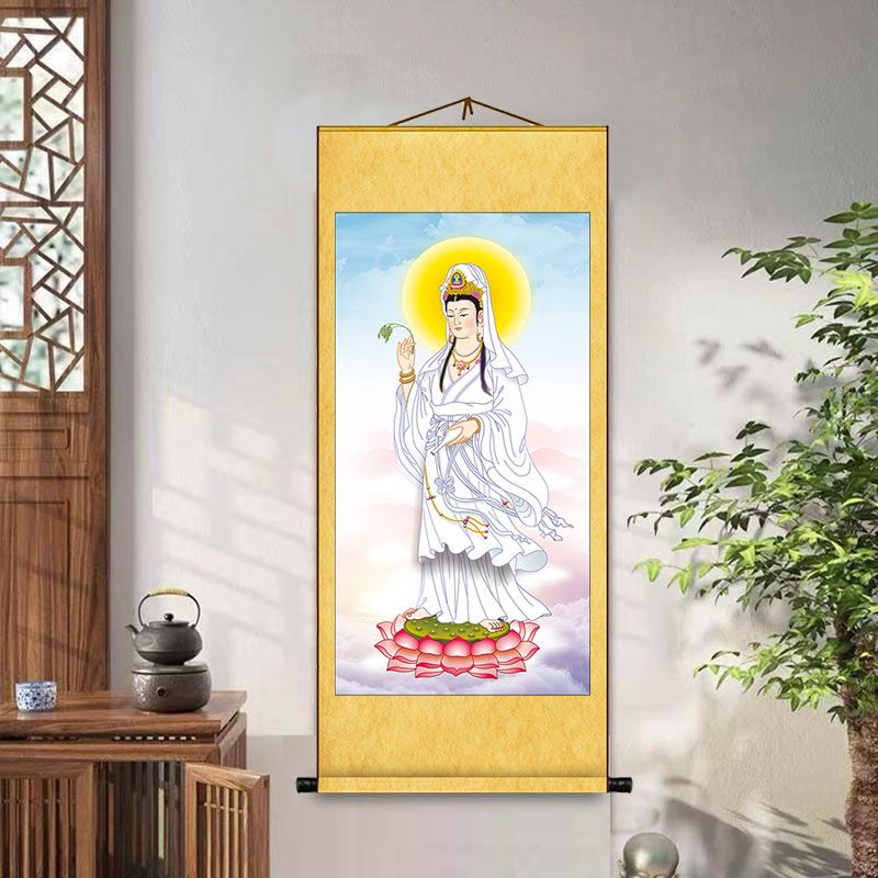 南海白衣观音挂画丝绸卷轴客厅玄关装饰经典佛像定制供奉画