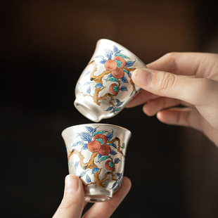 「千秋大業」鎏银柿柿如意主人杯家用功夫茶具陶瓷单杯个人品茗杯