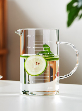 绿昌明玻璃水杯量杯加厚耐热刻度杯微波炉带刻度烘焙牛奶杯1000ml