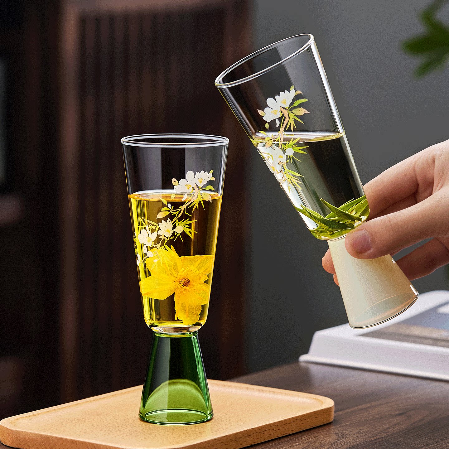 耐热玻璃高脚杯家用绿茶杯印花杯图片