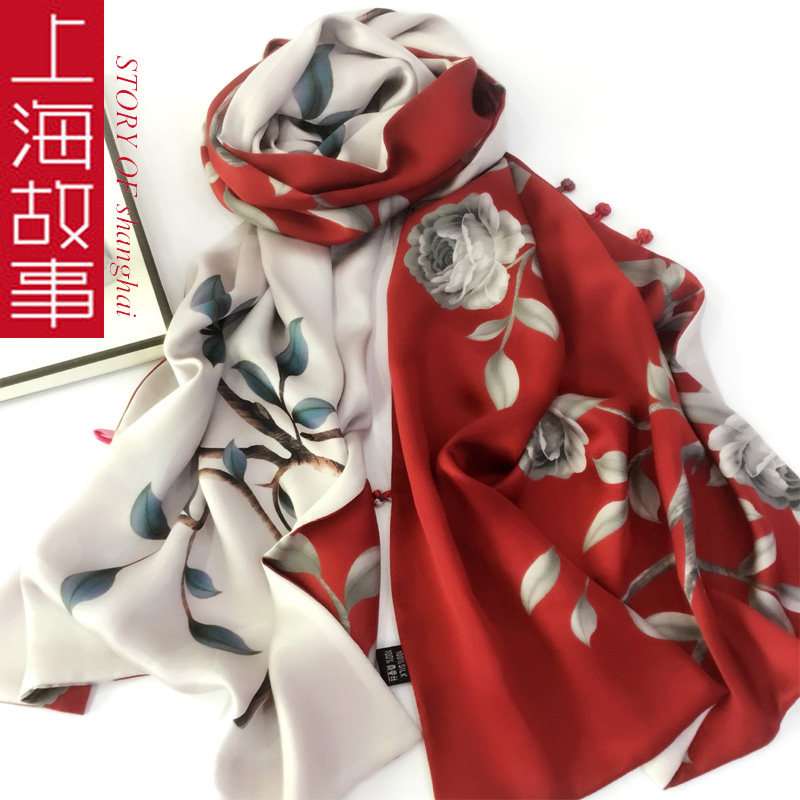 上海故事真丝丝巾女秋冬季中老年妈妈围巾民族风披肩外搭高端送礼
