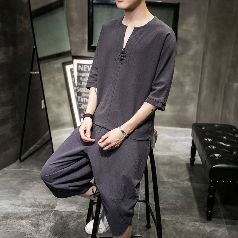 中国风短袖亚麻套装男唐装青年中山装禅服夏季棉麻汉服古风两件套